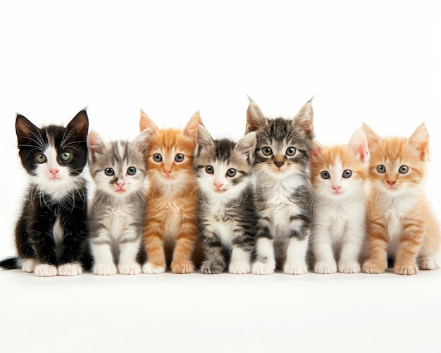 Adorable multicolored kittens sitting in a row playful and cute group of cat babies