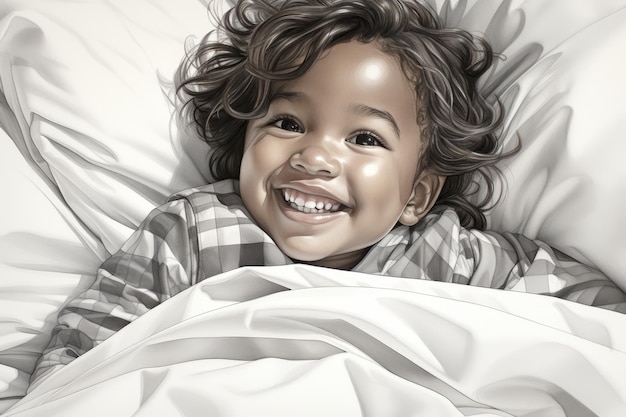 Adorable multiracial baby smiling happily on seashore colorful pencil drawing on white paper