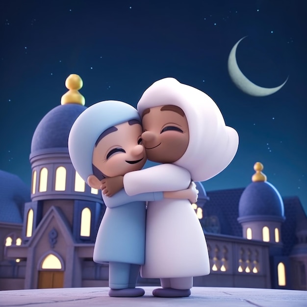 Adorable Muslim Kids Character Hugging and Wishing Each Other with Mosque Eid Mubarak Concept Generative AI