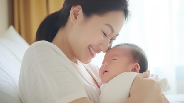 Adorable newborn baby smile and relax in mother arm safety and comfortableHealthy Asian newborn infant baby laughing with happiness good momentMother holding infant babyNewborn Baby concept