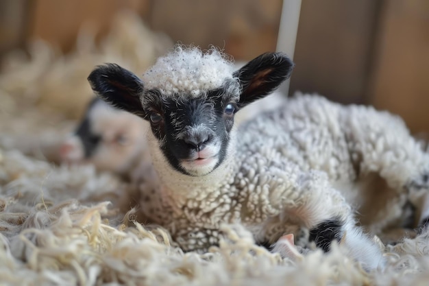 Adorable newborn lamb resting indoors