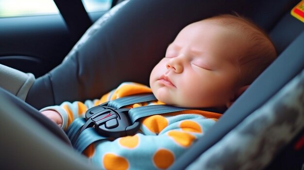 Adorable newborn resting under safety belt lock protection on a vehicle journey Generative AI