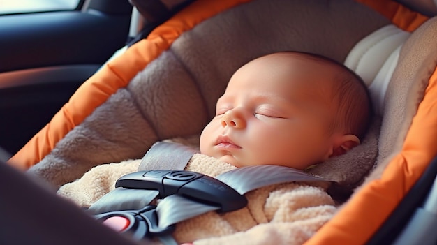 Adorable newborn resting under safety belt lock protection on a vehicle journey Generative AI