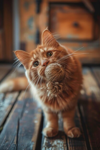 Adorable Orange Cat Playing with Ball of Twine on Rustic Wooden Floor