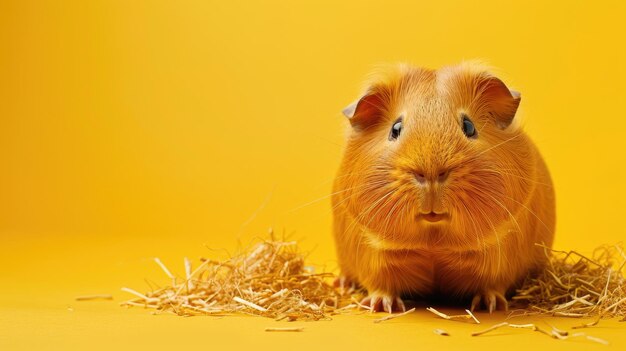 Adorable orange guinea pig on yellow background with straw