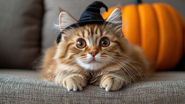 Photo adorable orange kitten wearing a witch hat with pumpkins in the background during halloween generative ai