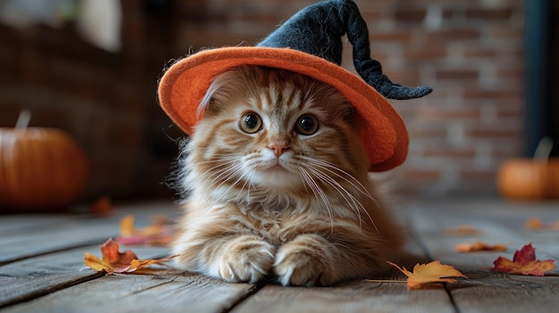 Adorable orange kitten wearing a witch hat with pumpkins in the background during Halloween Generative AI