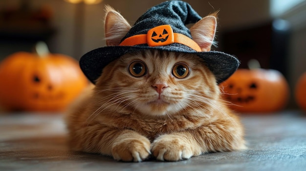 Adorable orange kitten wearing a witch hat with pumpkins in the background during Halloween Generative AI