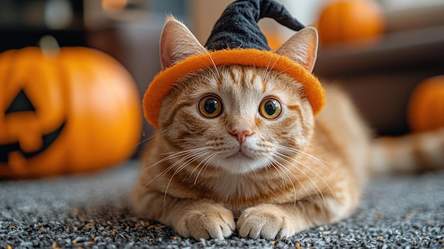 Adorable orange kitten wearing a witch hat with pumpkins in the background during Halloween Generative AI