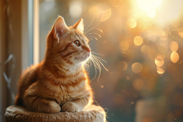 Adorable Orange Tabby Cat Relaxing by Sunlit Window With Bokeh Background