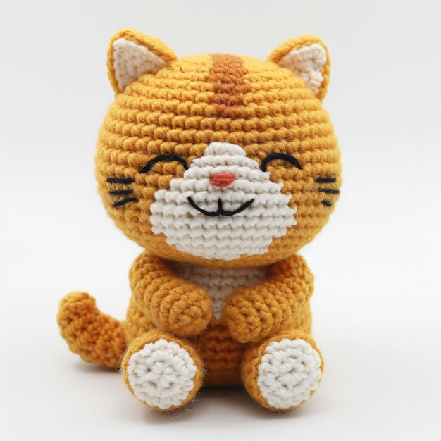 Adorable orange and white crocheted cat toy handmade and sitting sideways