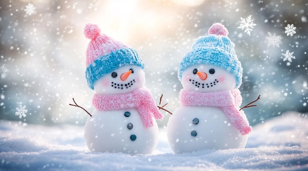 Photo adorable pair of snowmen in blue and pink hats and scarves in a winter wonderland with falling snow