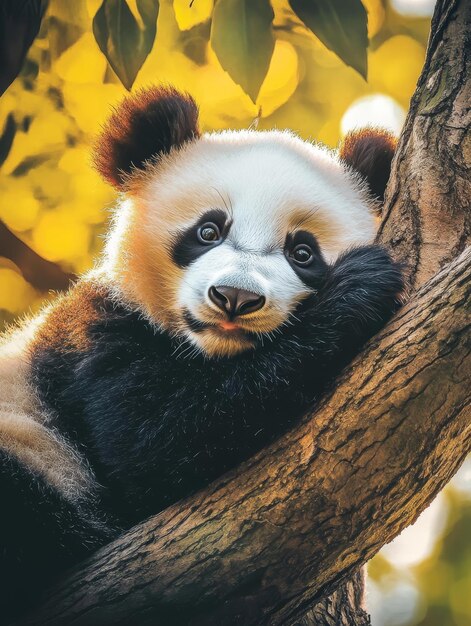 Photo adorable panda bear relaxing in a tree a cute panda bear resting on a tree branch symbolizin