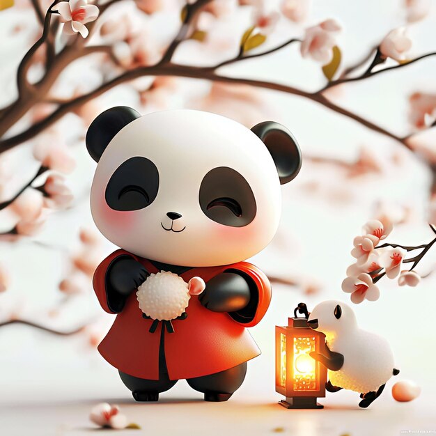 Photo adorable panda cub holding a snowball in a red coat with a lantern and cherry blossoms