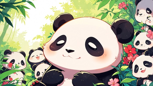 Photo adorable panda family in a lush green forest