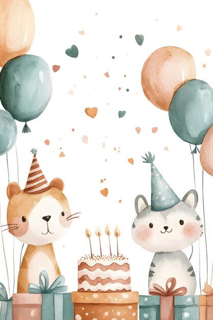 Photo adorable party themed watercolor with cute animals balloons and birthday cake