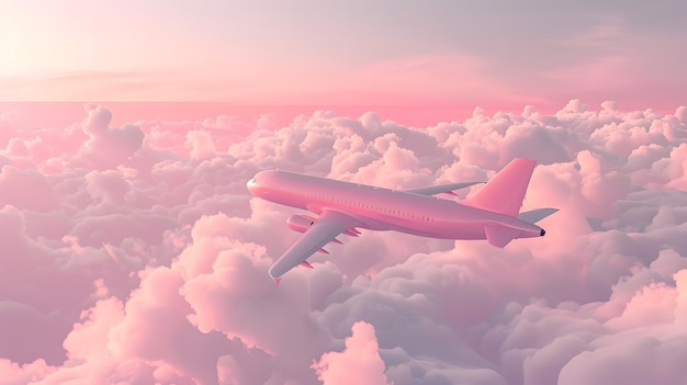 Adorable Pastel 3D Airplane Soaring Above Tranquil CloudsMinimalist Travel Concept