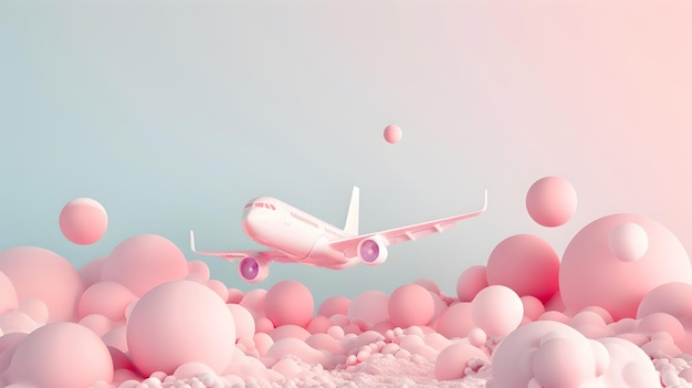 Adorable Pastel Airplane Soaring Above Clouds in Minimalist Design