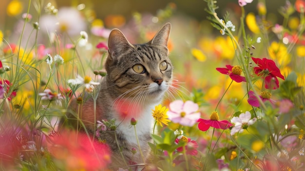 Photo adorable pet portraits cute cats exploring green grassland and flower gardens