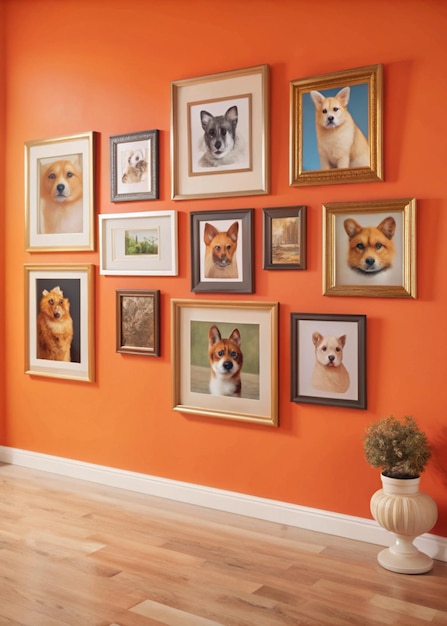 Photo adorable pet portraits gallery on vibrant orange wall perfect for home decor and photography