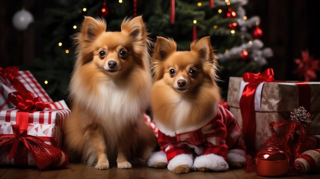 Adorable pets in festive outfits with Christmas presents