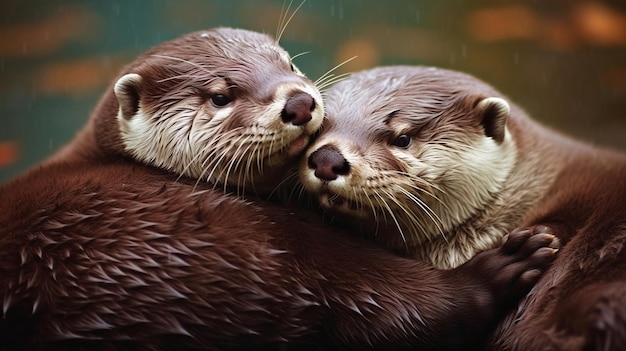 An adorable photo of two otters cuddling together sharing a moment of pure love and companionship