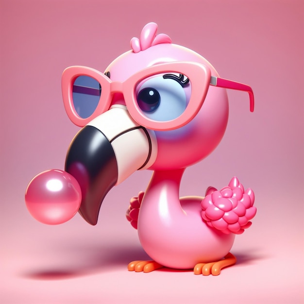 Adorable pink flamingo wearing pink glasses and blowing a pink bubble on the pink background