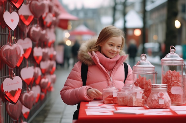 Adorable PinkClad Girl Shopping for Valentine Day Card HeartShaped Balloons and Souvenirs