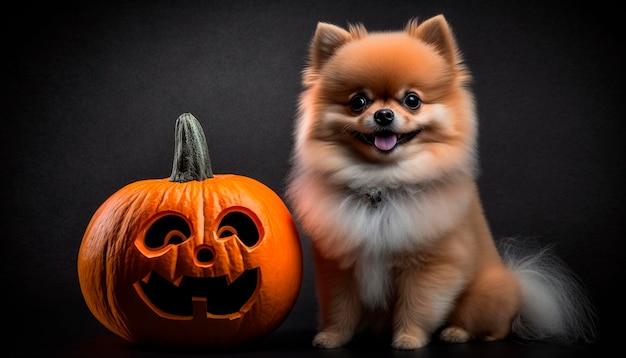 Adorable Pomeranian dog posing with a Halloween pumpkin