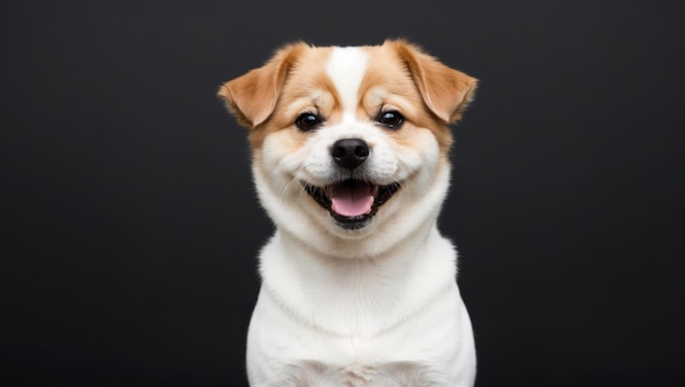 Adorable Pomeranian puppy posing on wooden floor with black background cute and joyful