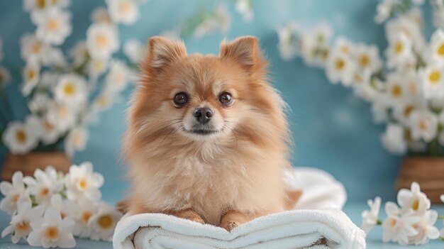 Photo adorable pomeranian puppy relaxing on towel surrounded by spa items and flowers