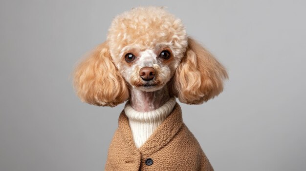 Photo adorable poodle in a brown cardigan looking at the camera a cute poodle in a brown cardigan