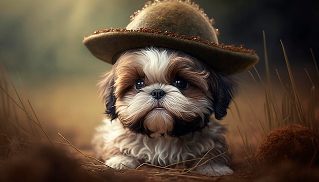 The Adorable Portrait A Shih Tzu Puppy in a Hat Generative AI