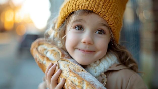 Adorable Preschool Girl With A Fresh French Baguette On The Street Looking Delightful