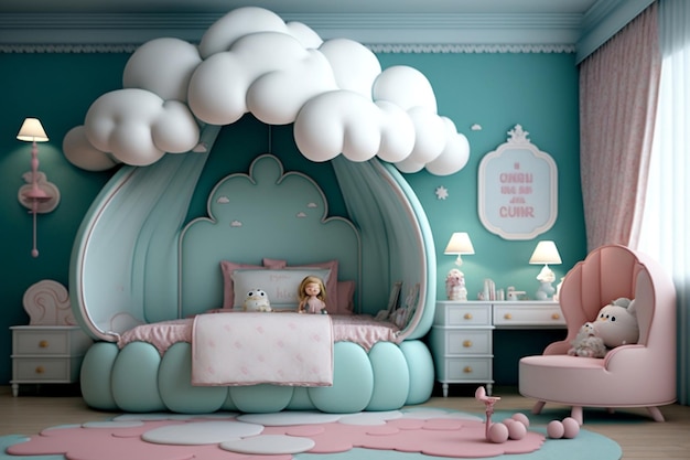 Adorable PrincessThemed Kids' Bedroom with Toy Cloud Decoration Generative AI