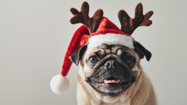 Adorable Pug in Christmas Santa Hat with Reindeer Antlers on White Background