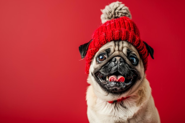 Photo adorable pug dog wearing a knitted red hat against a vibrant red background