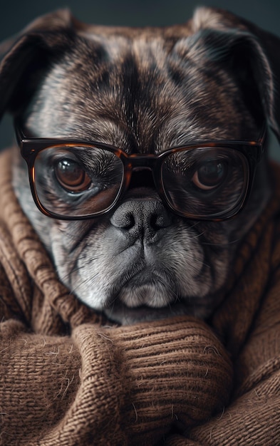 Adorable Pug in Glasses and Sweater Cozy Nerdy Dog Portrait