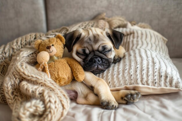 Photo adorable pug puppy cuddles toy bear and naps