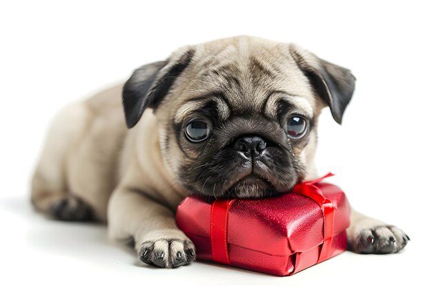 Photo adorable pug puppy with a red gift box