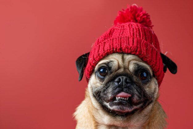 Adorable Pug Wearing a Cozy Red Knit Hat on a Vibrant Background