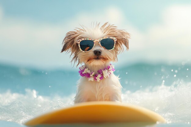 Photo adorable pup with flower necklace enjoying surfboard ride