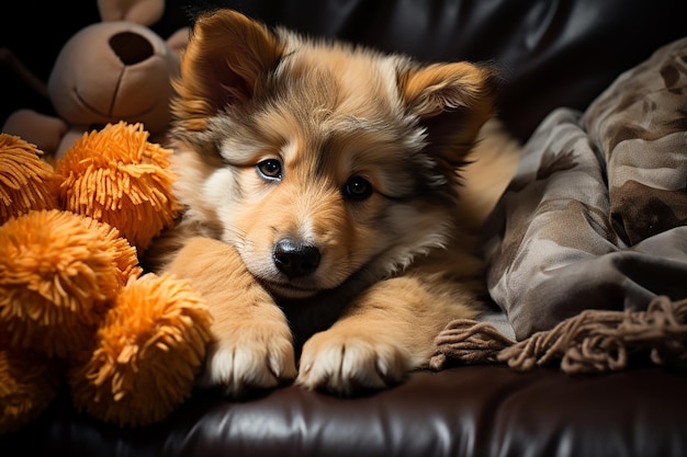 Adorable Pup with a Toy on the Couch