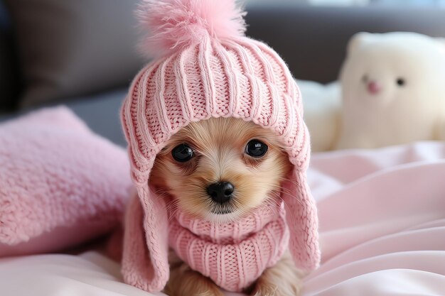 Adorable puppy in cozy clothesThe perfect Puppy Day dreamDog love in pastel colorsanimal concept