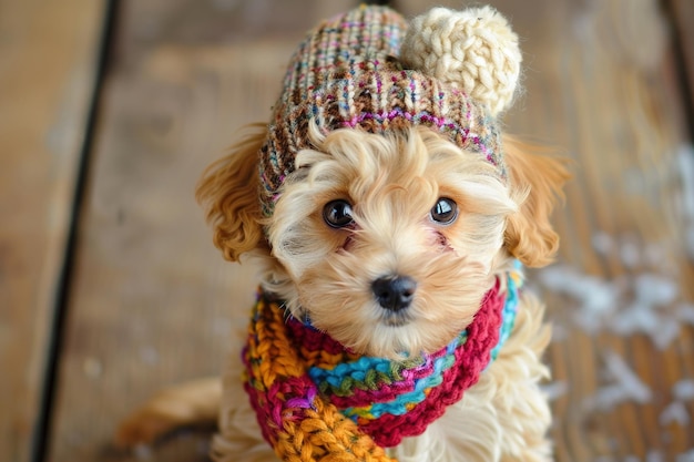 Adorable puppy dressed in a knit hat and colorful striped scarf