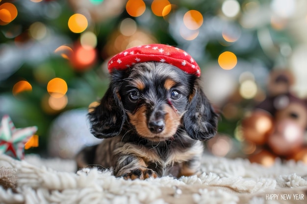 Photo adorable puppy in a festive red hat with a blurred christmas background embodying holiday cheer and cuteness