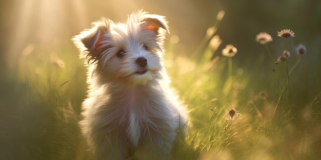 Adorable Puppy in Field at sunset