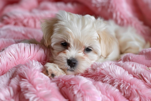 Photo adorable puppy on a furry pink blanket