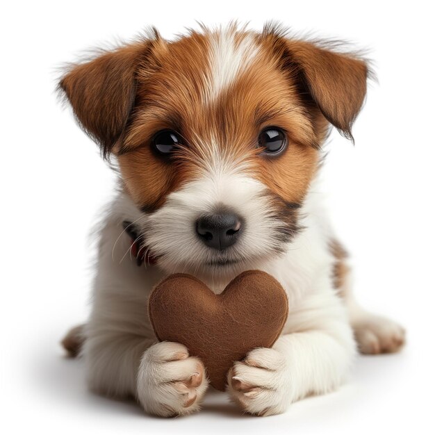 Adorable puppy holding a red heart full of love