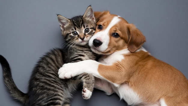 Adorable puppy and kitten cuddling on a fluffy blanket radiating warmth and love